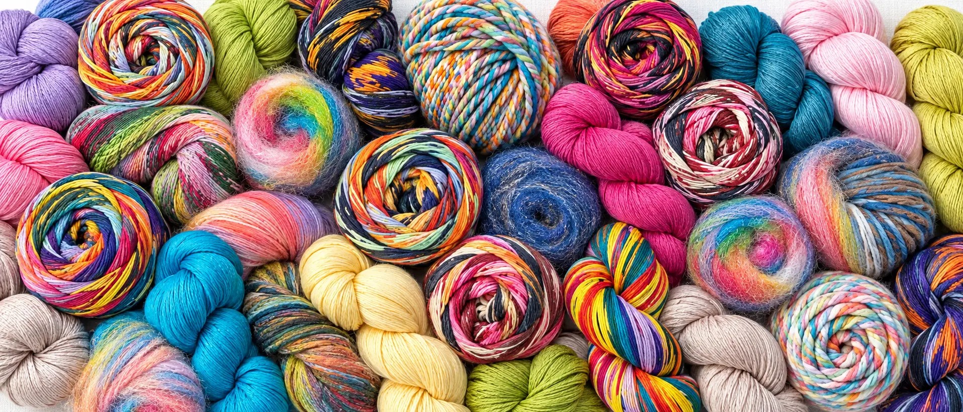 Bright flat lay of multicolored yarn skeins and cakes covering the whole Knit Carlsbad header